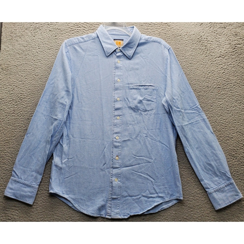 Hugo Boss Shirt Mens L Blue Textured Long Sleeve Chest Pocket Collared Button Up